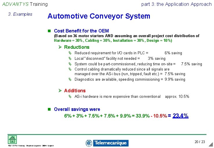 ADVANTYS Training 3. Examples part 3: the Application Approach Automotive Conveyor System n Cost ADVANTYS Training 3. Examples part 3: the Application Approach Automotive Conveyor System n Cost