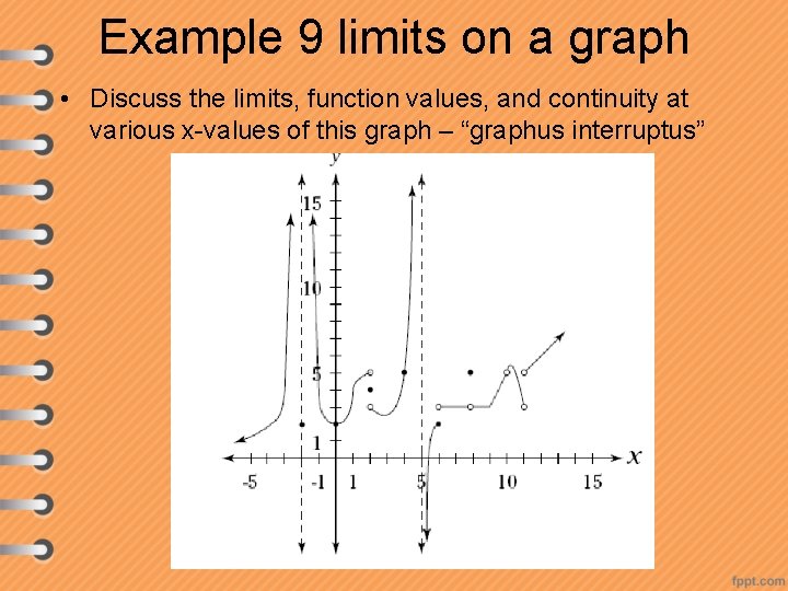 Example 9 limits on a graph • Discuss the limits, function values, and continuity