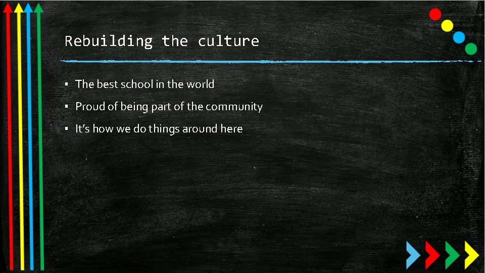 Rebuilding the culture ▪ The best school in the world ▪ Proud of being Rebuilding the culture ▪ The best school in the world ▪ Proud of being