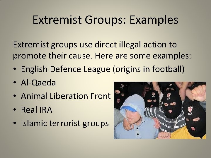Extremist Groups: Examples Extremist groups use direct illegal action to promote their cause. Here