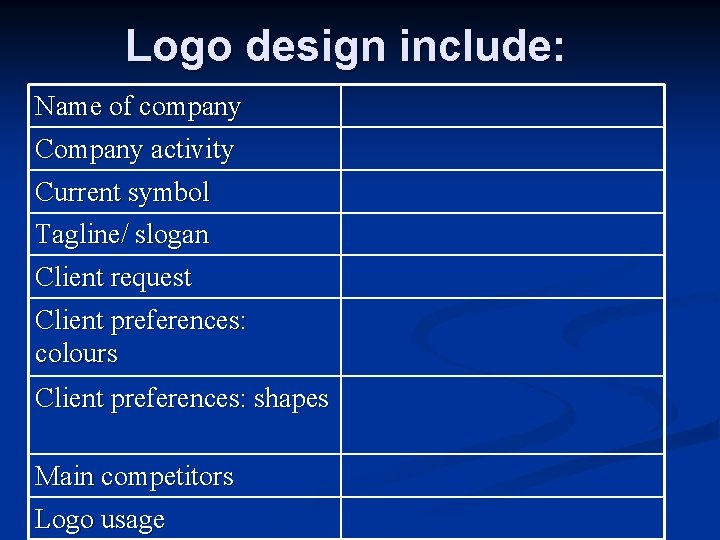 Logo design include: Name of company Company activity Current symbol Tagline/ slogan Client request