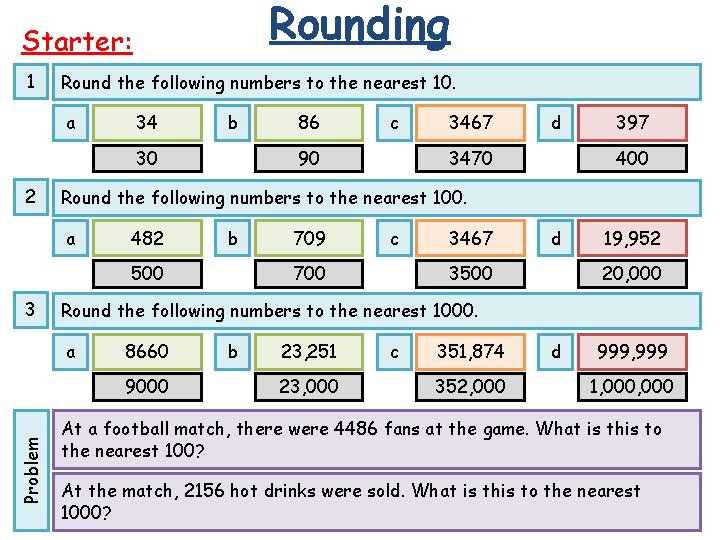 Rounding Starter: 1 Round the following numbers to the nearest 10. a 34 b
