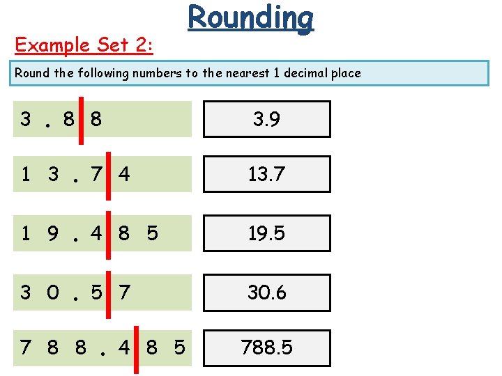 Example Set 2: Rounding Round the following numbers to the nearest 1 decimal place