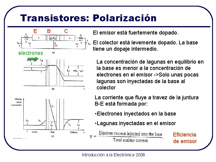 Transistores: Polarización E electrones B C El emisor está fuertemente dopado. El colector está