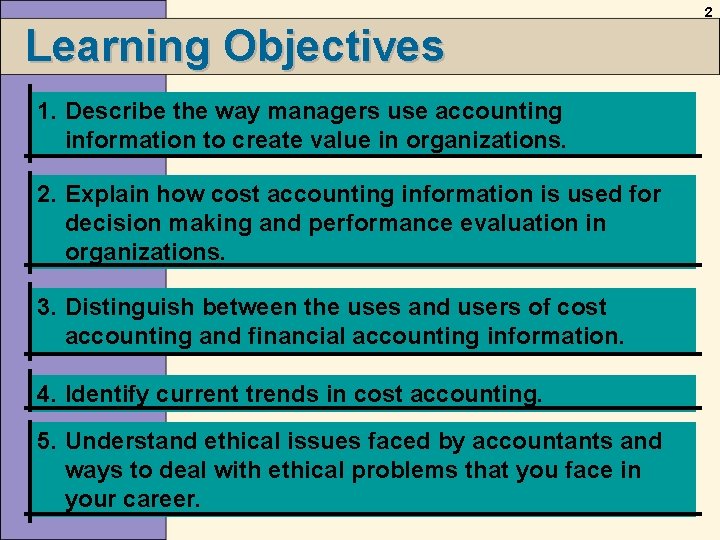 2 Learning Objectives 1. Describe the way managers use accounting information to create value 2 Learning Objectives 1. Describe the way managers use accounting information to create value