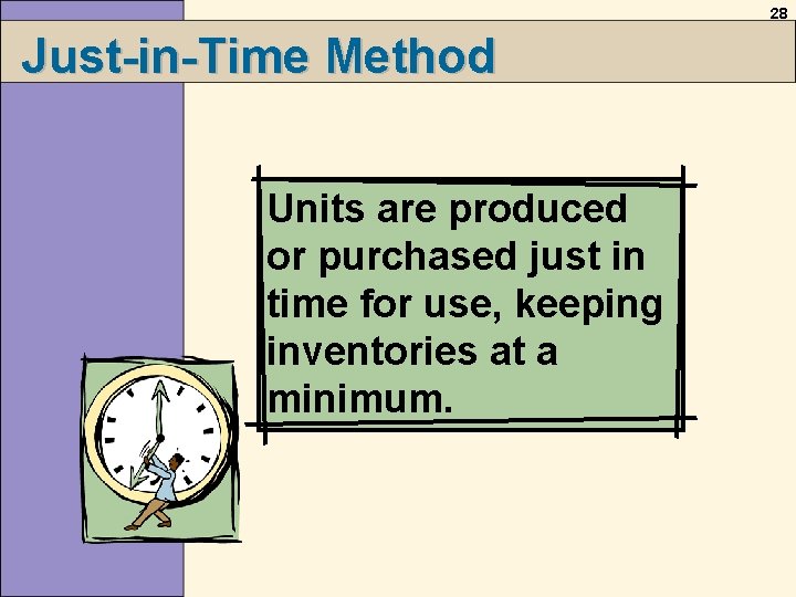 28 Just-in-Time Method Units are produced or purchased just in time for use, keeping 28 Just-in-Time Method Units are produced or purchased just in time for use, keeping