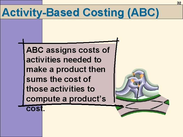 32 Activity-Based Costing (ABC) ABC assigns costs of activities needed to make a product 32 Activity-Based Costing (ABC) ABC assigns costs of activities needed to make a product