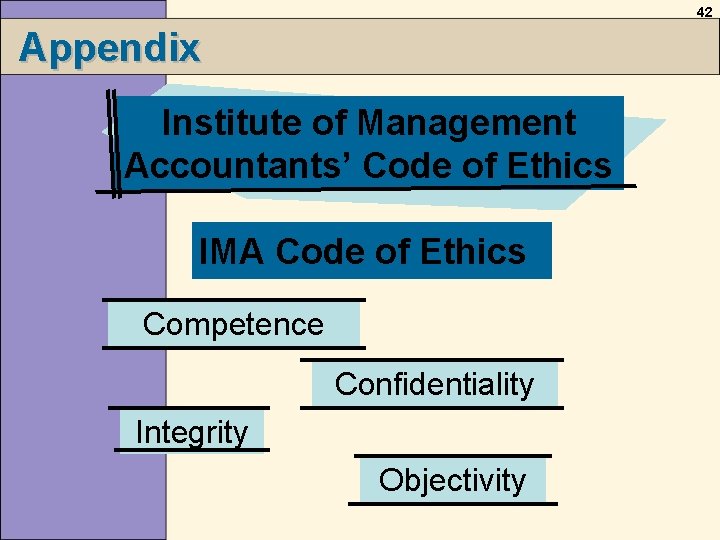 42 Appendix Institute of Management Accountants’ Code of Ethics IMA Code of Ethics Competence 42 Appendix Institute of Management Accountants’ Code of Ethics IMA Code of Ethics Competence
