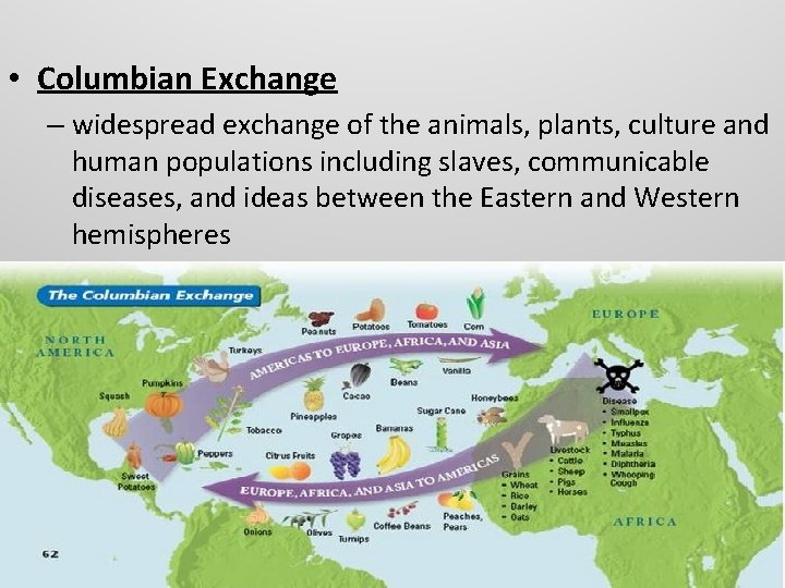  • Columbian Exchange – widespread exchange of the animals, plants, culture and human