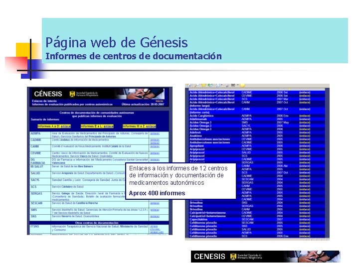 Página web de Génesis Informes de centros de documentación Enlaces a los informes de