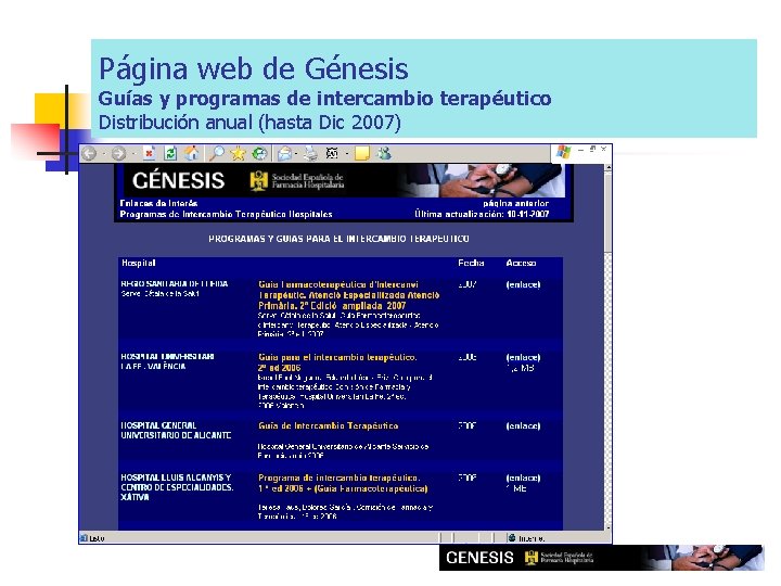 Página web de Génesis Guías y programas de intercambio terapéutico Distribución anual (hasta Dic