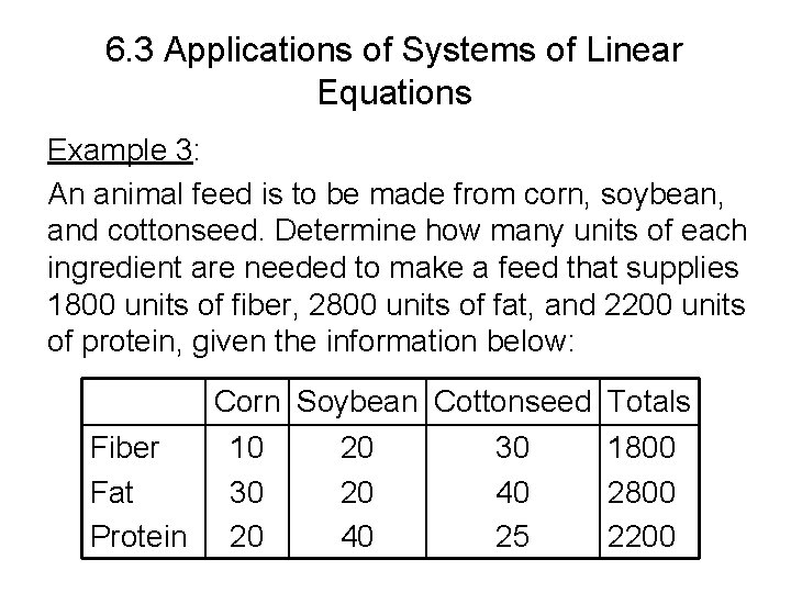 6. 3 Applications of Systems of Linear Equations Example 3: An animal feed is