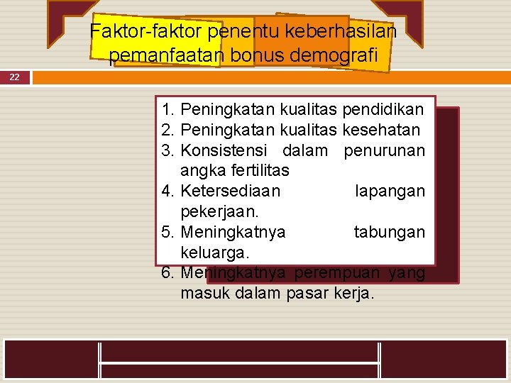 Faktor faktor penentu keberhasilan pemanfaatan bonus demografi 22 1. Peningkatan kualitas pendidikan 2. Peningkatan