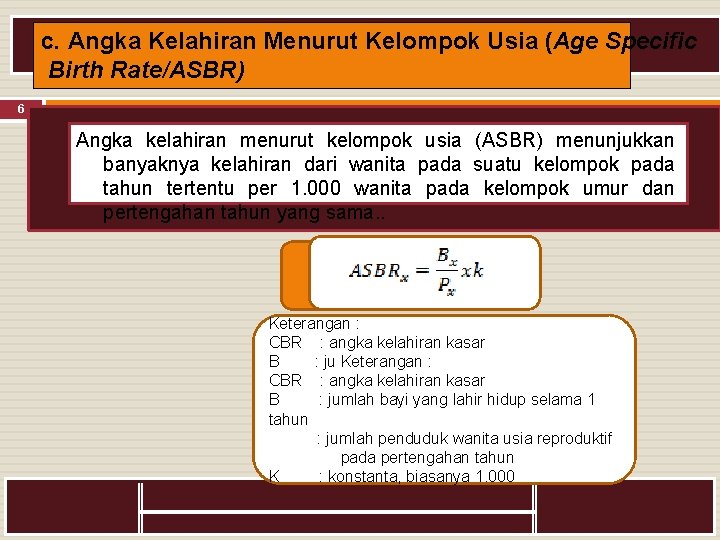 c. Angka Kelahiran Menurut Kelompok Usia (Age Specific Birth Rate/ASBR) 6 Angka kelahiran menurut