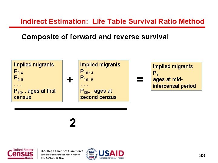 Indirect Estimation: Life Table Survival Ratio Method Composite of forward and reverse survival Implied