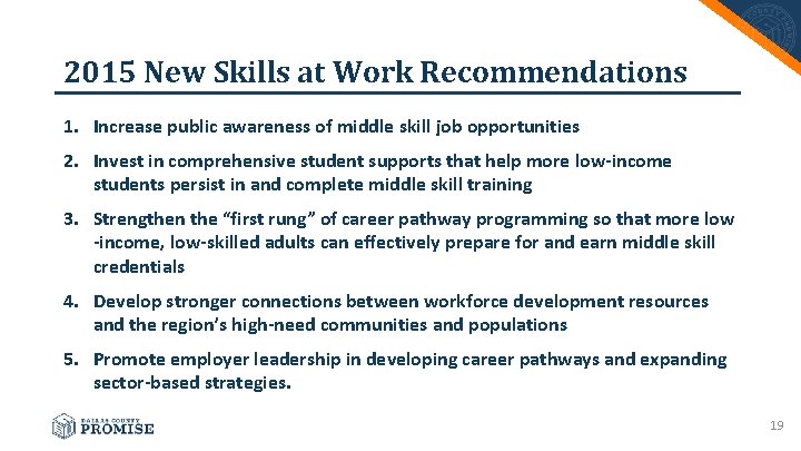2015 New Skills at Work Recommendations 1. Increase public awareness of middle skill job