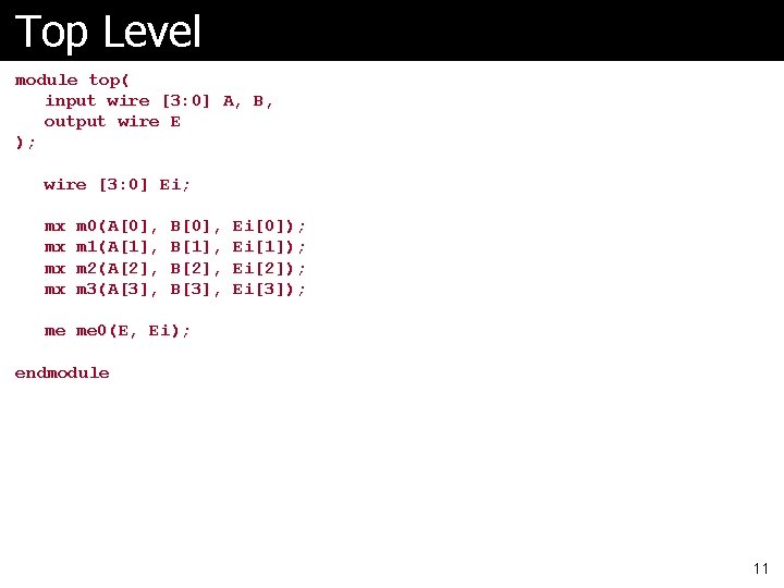 Top Level module top( input wire [3: 0] A, B, output wire E );