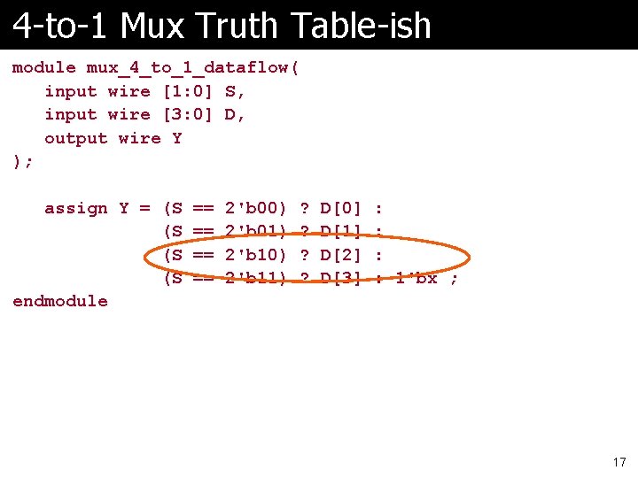 4 -to-1 Mux Truth Table-ish module mux_4_to_1_dataflow( input wire [1: 0] S, input wire