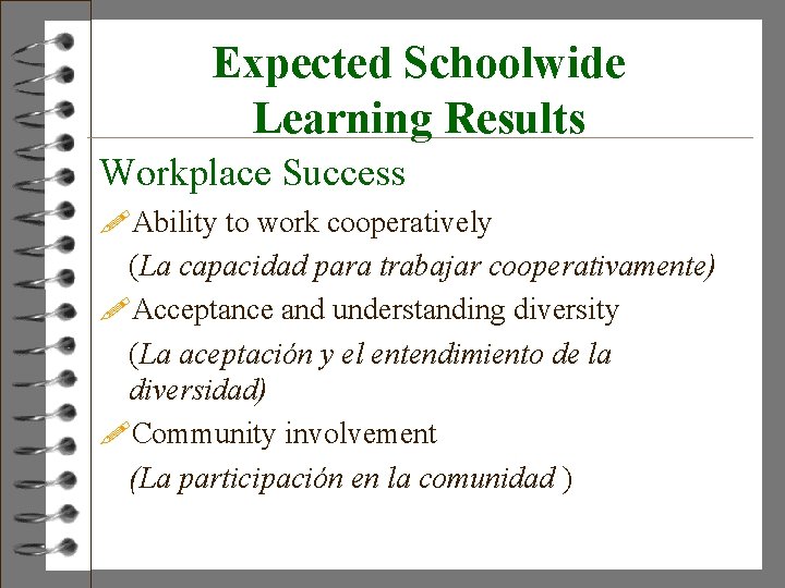 Expected Schoolwide Learning Results Workplace Success !Ability to work cooperatively (La capacidad para trabajar