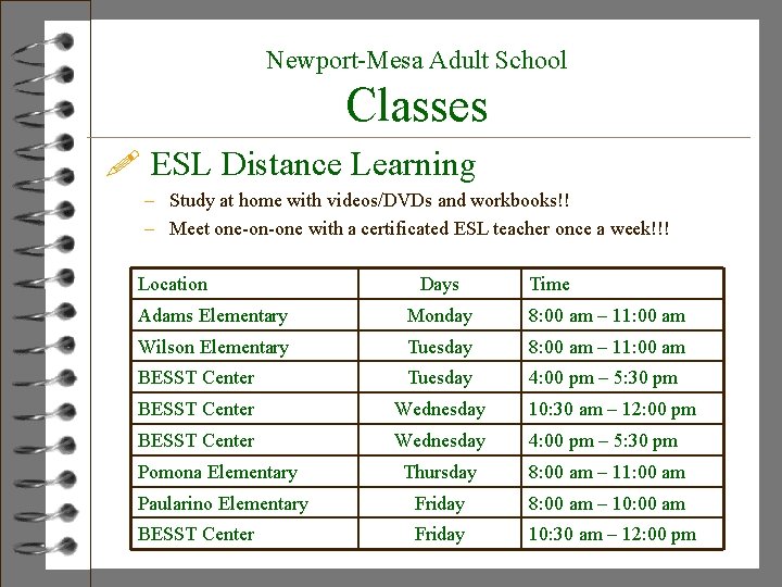 Newport-Mesa Adult School Classes ! ESL Distance Learning – Study at home with videos/DVDs