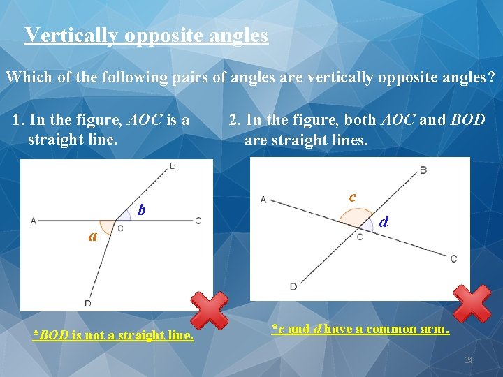 Vertically opposite angles Which of the following pairs of angles are vertically opposite angles?