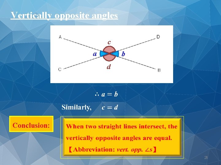 Vertically opposite angles c a b d c Conclusion: 28 