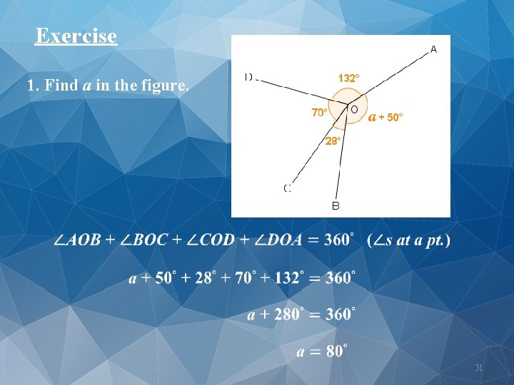 Exercise 1. Find a in the figure. 31 