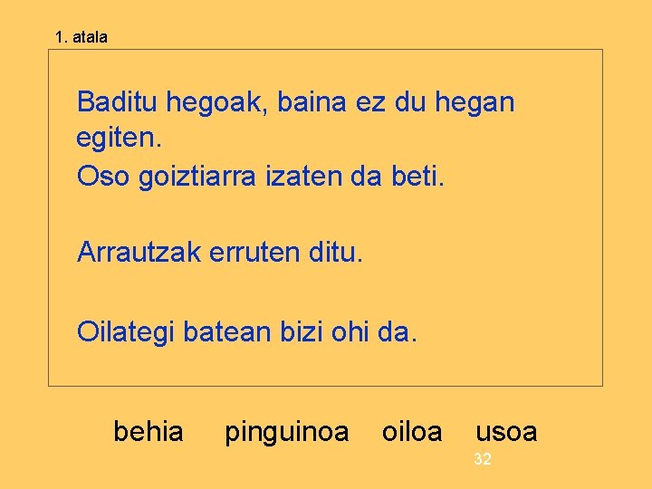 1. atala Baditu hegoak, baina ez du hegan egiten. Oso goiztiarra izaten da beti.