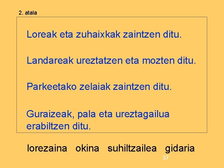 2. atala Loreak eta zuhaixkak zaintzen ditu. Landareak ureztatzen eta mozten ditu. Parkeetako zelaiak