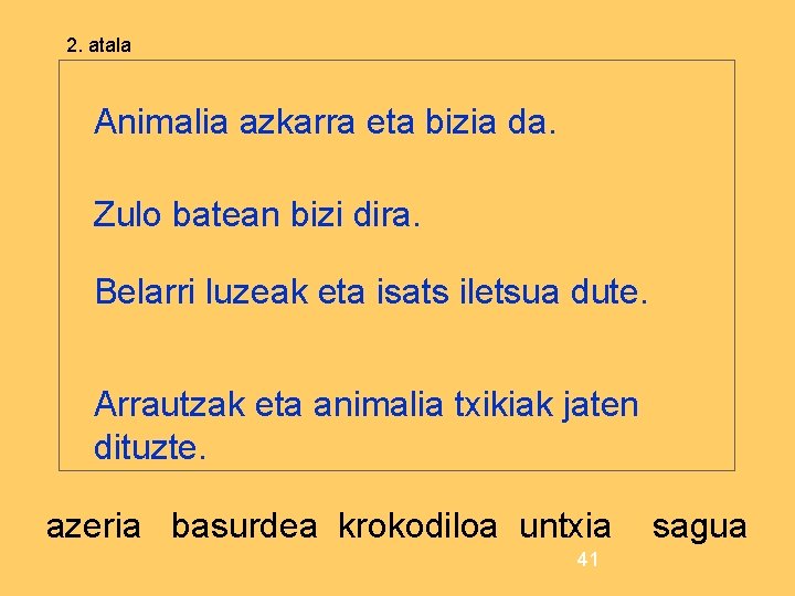 2. atala Animalia azkarra eta bizia da. Zulo batean bizi dira. Belarri luzeak eta