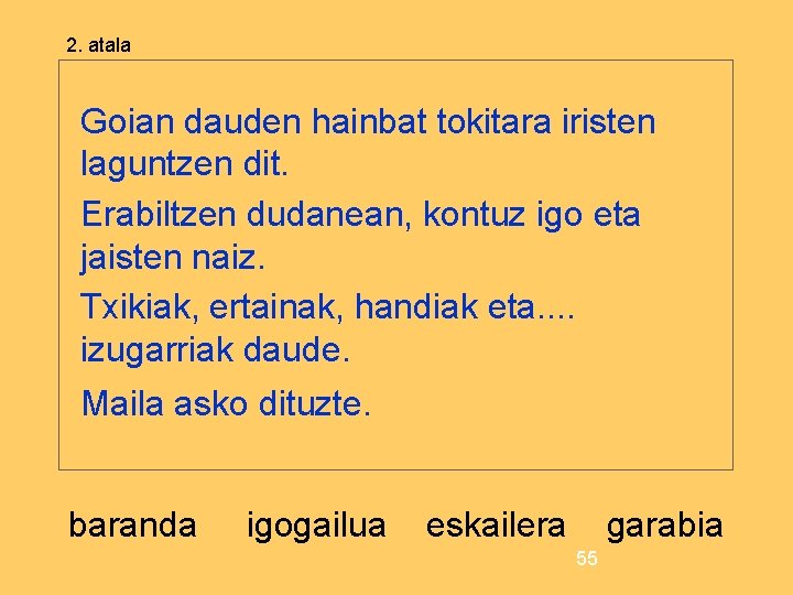 2. atala Goian dauden hainbat tokitara iristen laguntzen dit. Erabiltzen dudanean, kontuz igo eta