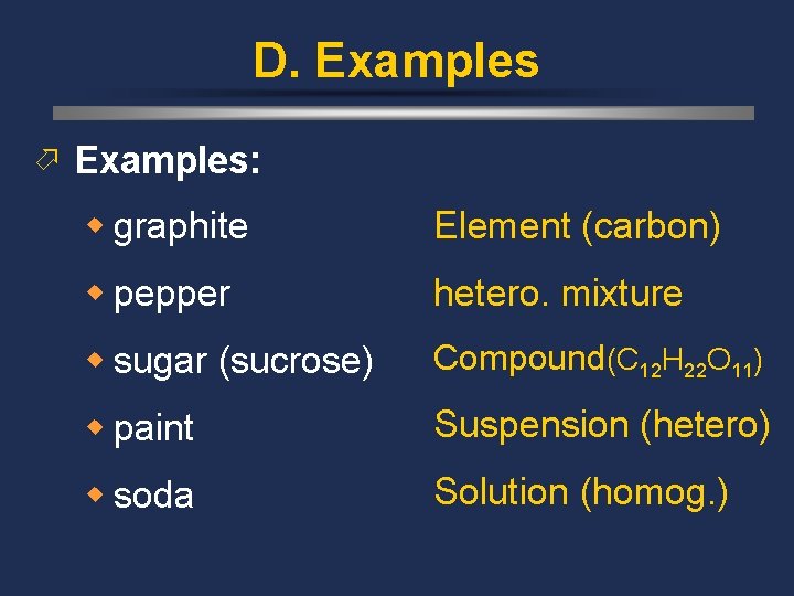 D. Examples ö Examples: w graphite Element (carbon) w pepper hetero. mixture w sugar