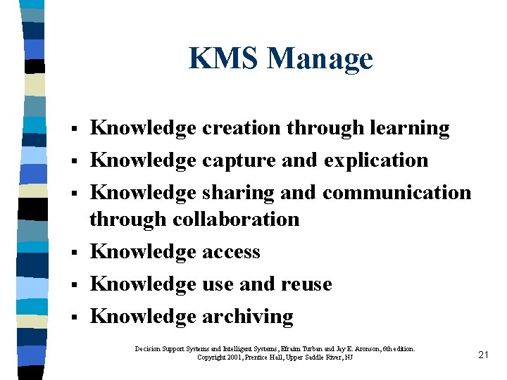 KMS Manage § § § Knowledge creation through learning Knowledge capture and explication Knowledge