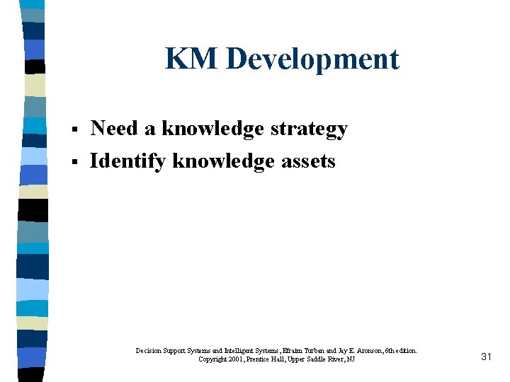 KM Development § § Need a knowledge strategy Identify knowledge assets Decision Support Systems