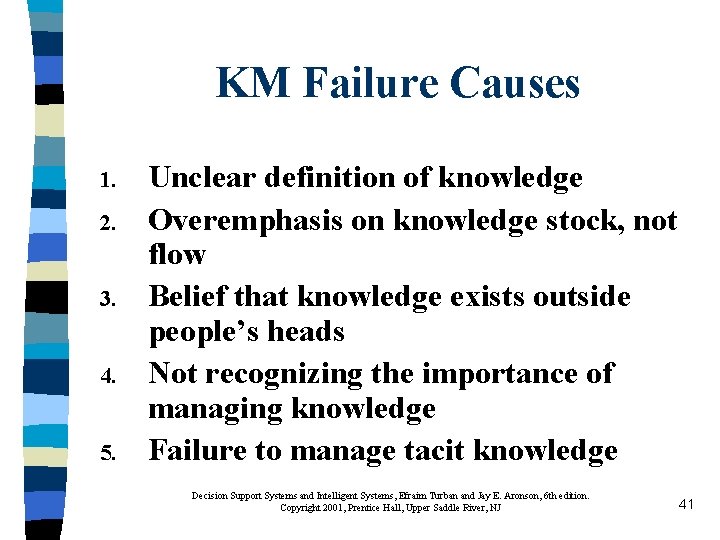 KM Failure Causes 1. 2. 3. 4. 5. Unclear definition of knowledge Overemphasis on