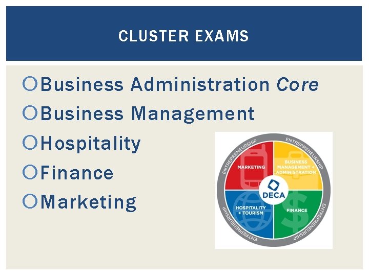 CLUSTER EXAMS Business Administration Core Business Management Hospitality Finance Marketing 