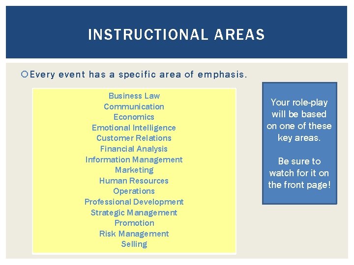 INSTRUCTIONAL AREAS Every event has a specific area of emphasis. Business Law Communication Economics