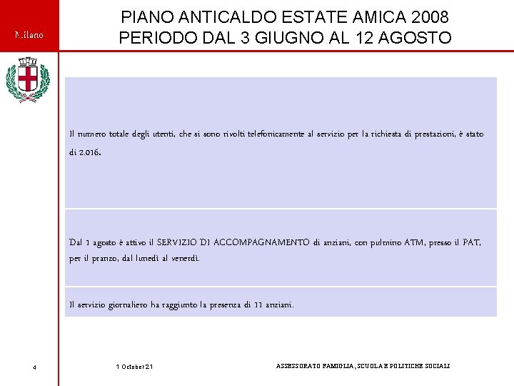 Milano PIANO ANTICALDO ESTATE AMICA 2008 PERIODO DAL 3 GIUGNO AL 12 AGOSTO Il