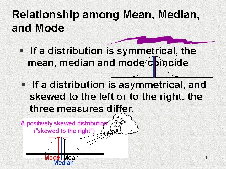 Relationship among Mean, Median, and Mode § If a distribution is symmetrical, the mean,