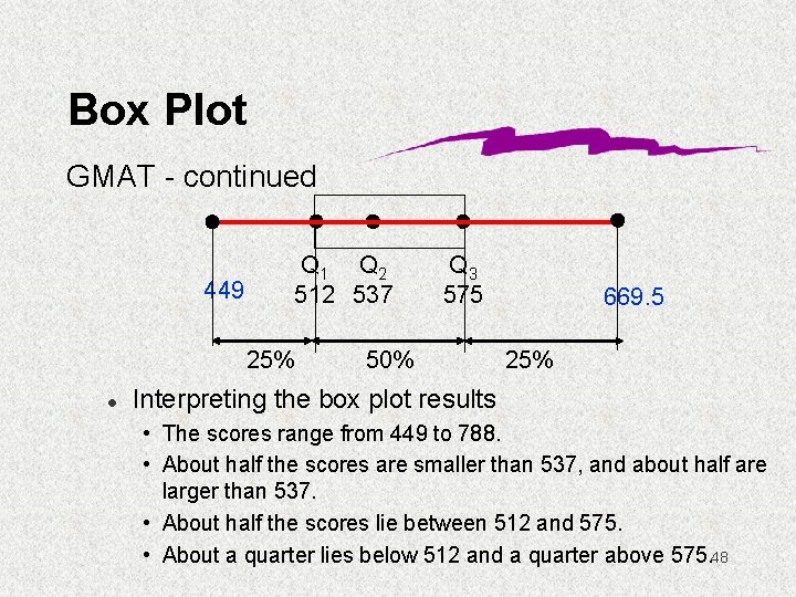 Box Plot GMAT - continued 449 Q 1 Q 2 512 537 25% l