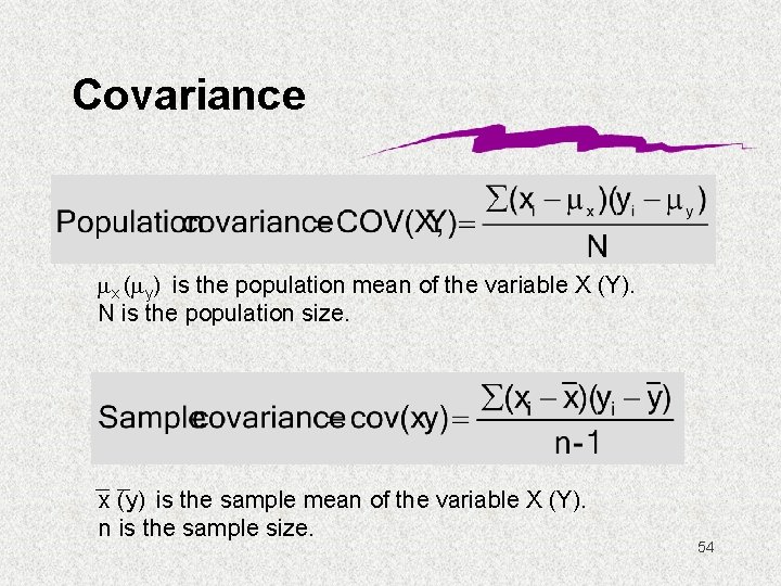 Covariance mx (my) is the population mean of the variable X (Y). N is