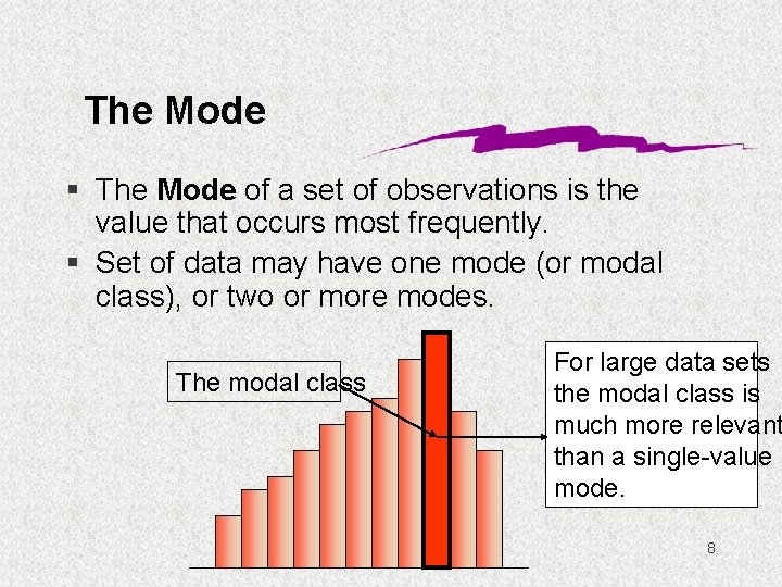 The Mode § The Mode of a set of observations is the value that