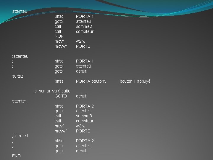 attente 0 ; ; btfsc goto call NOP movf movwf PORTA, 1 attente 0