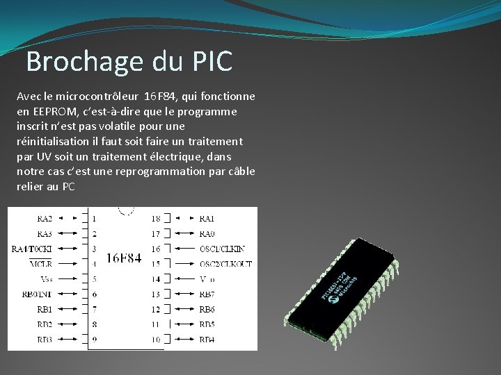 Brochage du PIC Avec le microcontrôleur 16 F 84, qui fonctionne en EEPROM, c’est-à-dire