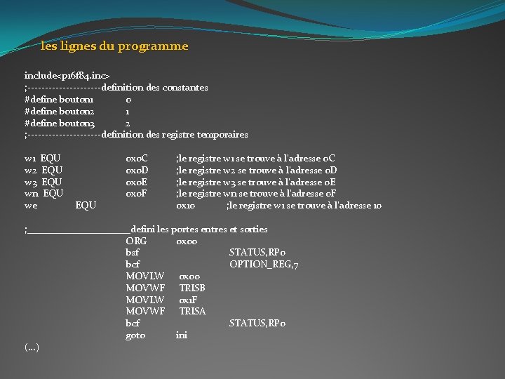 les lignes du programme include<p 16 f 84. inc> ; -----------definition des constantes #define