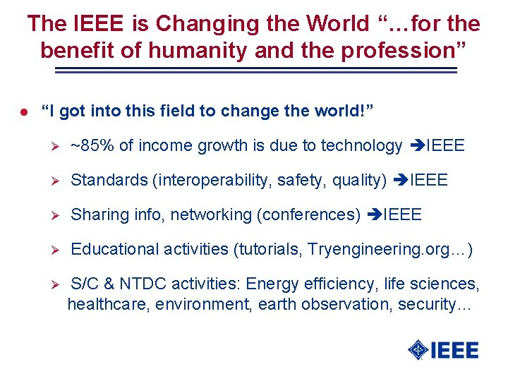 The IEEE is Changing the World “…for the benefit of humanity and the profession”