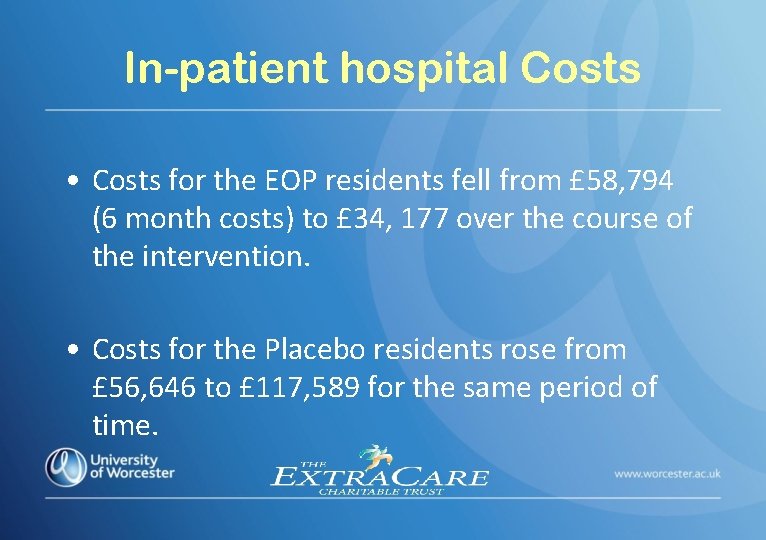 In-patient hospital Costs • Costs for the EOP residents fell from £ 58, 794