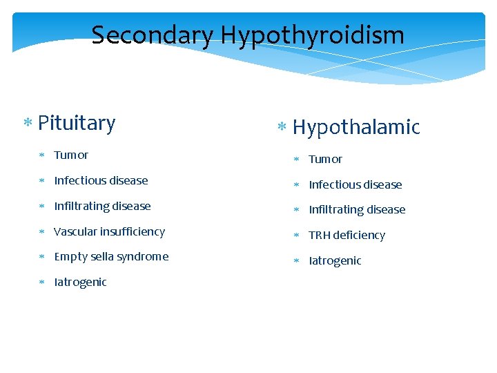 Secondary Hypothyroidism Pituitary Hypothalamic Tumor Infectious disease Infiltrating disease Vascular insufficiency TRH deficiency Empty