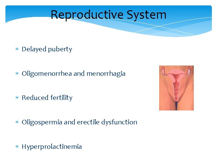Reproductive System Delayed puberty Oligomenorrhea and menorrhagia Reduced fertility Oligospermia and erectile dysfunction Hyperprolactinemia