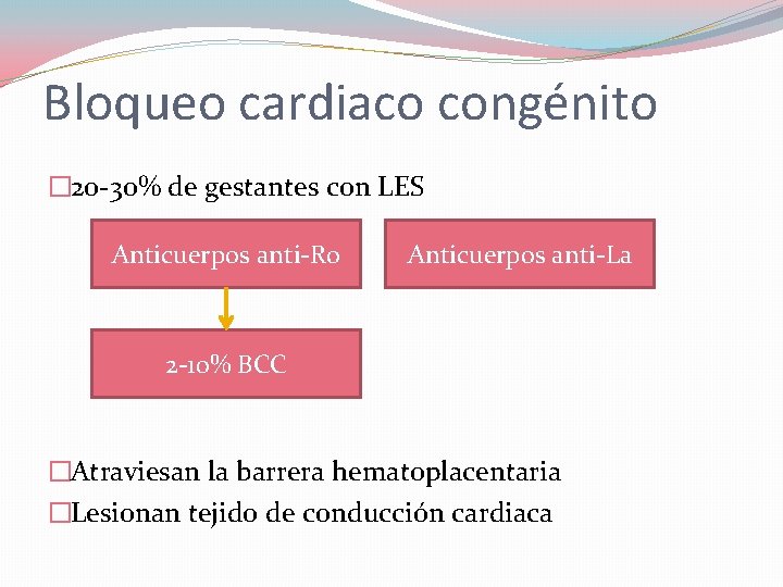 Bloqueo cardiaco congénito � 20 -30% de gestantes con LES Anticuerpos anti-Ro Anticuerpos anti-La